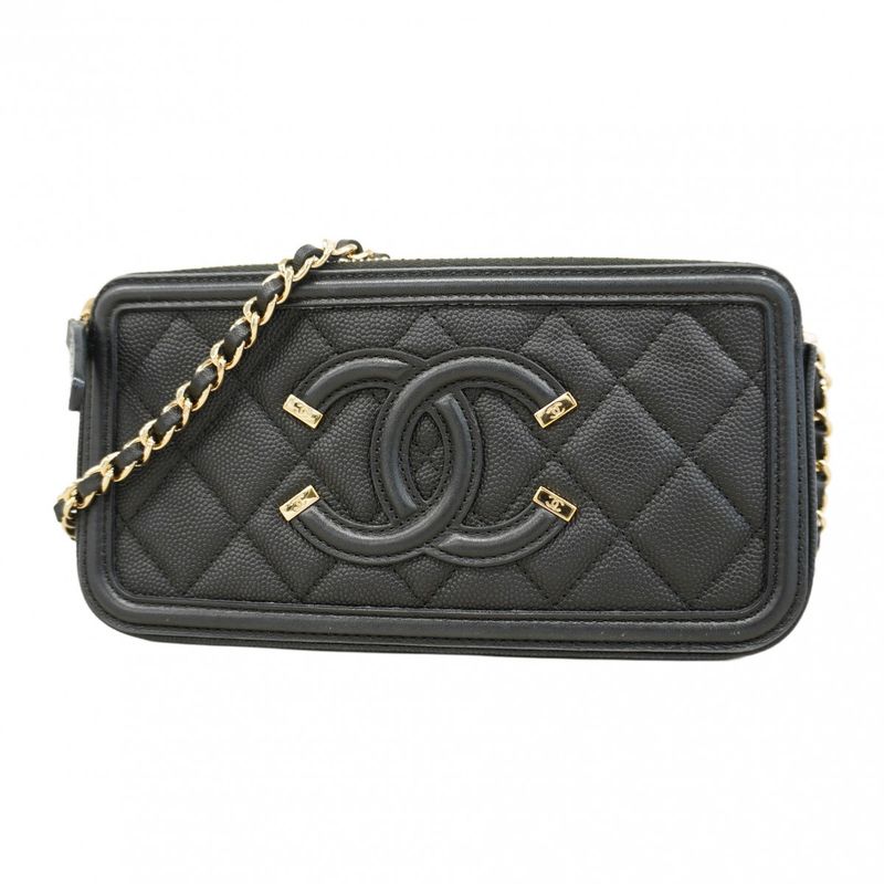 Chanel Shoulder Wallet CC Filigree Caviar Skin Black Gold Hardware Women's