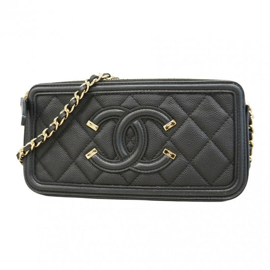 Chanel Shoulder Wallet CC Filigree Caviar Skin Black Gold Hardware Women's