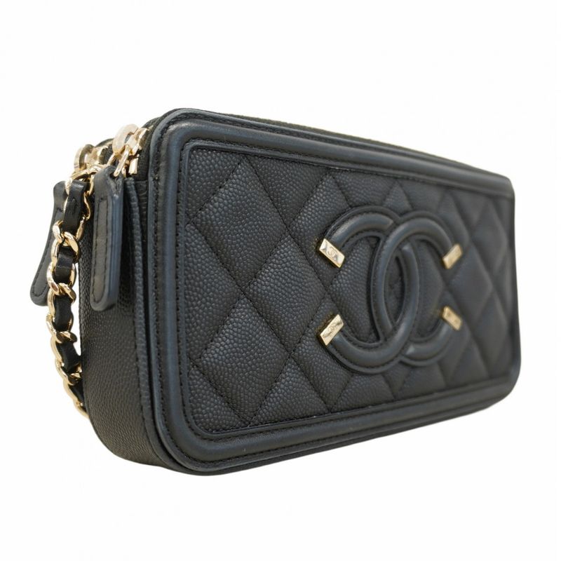Chanel Shoulder Wallet CC Filigree Caviar Skin Black Gold Hardware Women's