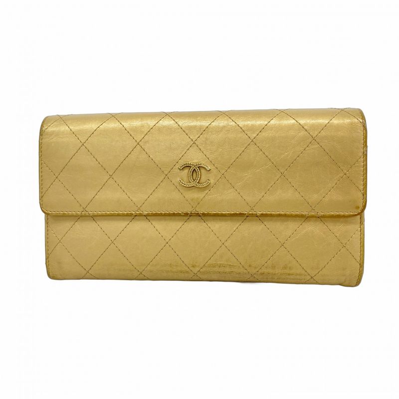 Chanel Long Wallet Matelasse Leather Beige Gold Hardware Women's