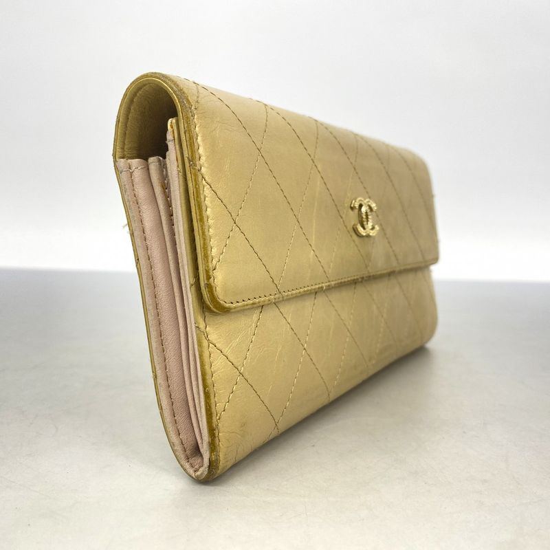 Chanel Long Wallet Matelasse Leather Beige Gold Hardware Women's