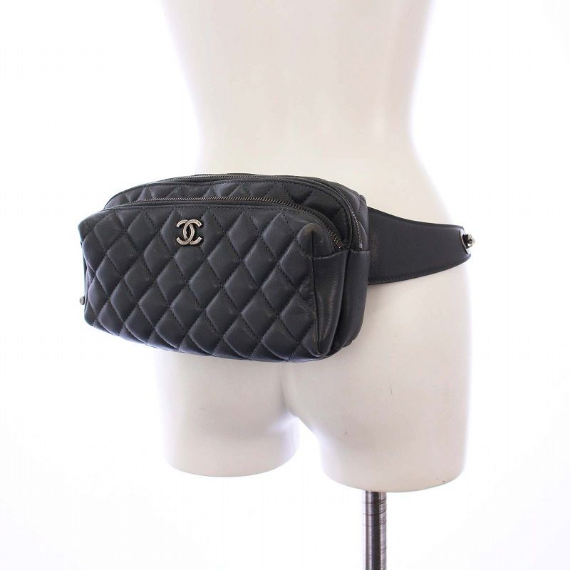 Chanel Matelasse Waist Bag Body Bag Coco Mark Calf Leather Gray A57887 26th KH