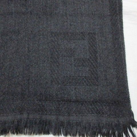 Fendi Wool Muffler Fringe Logo Charcoal Gray X