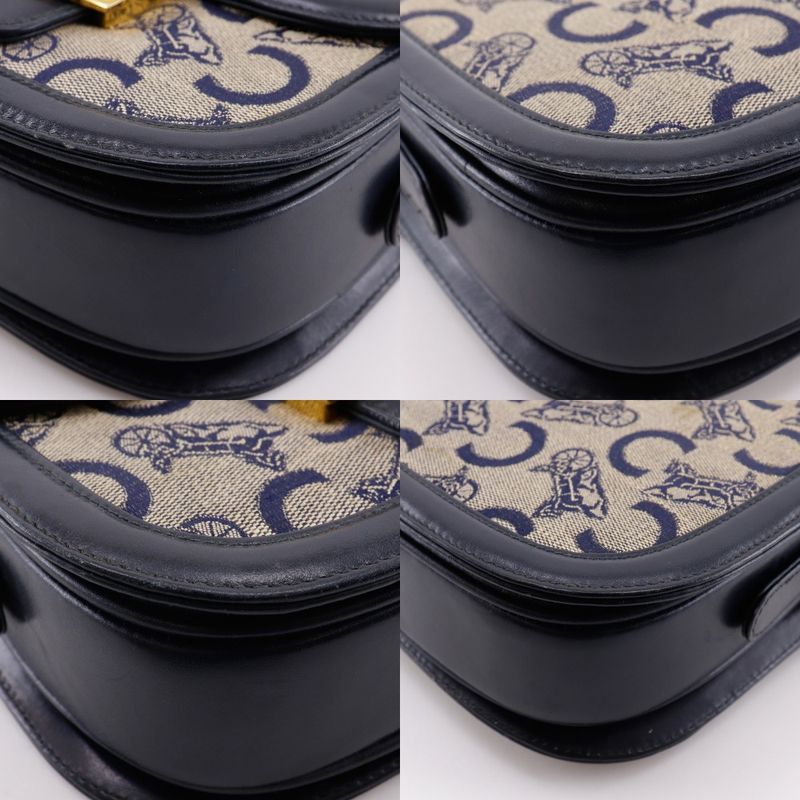 Celine Old Celine C Macadam Harness Hardware Vintage Canvas X Leather Navy Blue