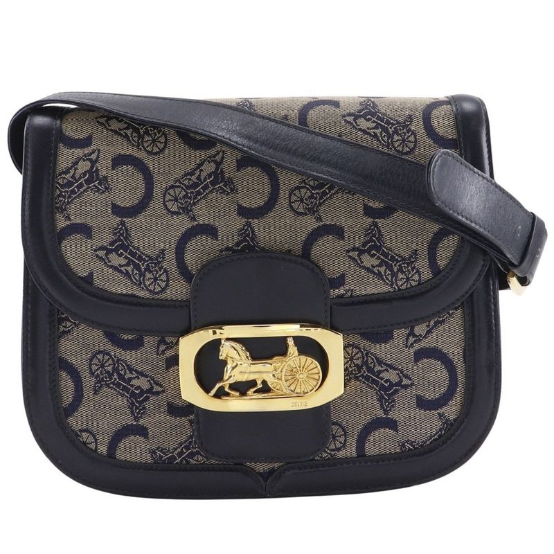 Celine Old Celine C Macadam Harness Hardware Vintage Canvas X Leather Navy Blue