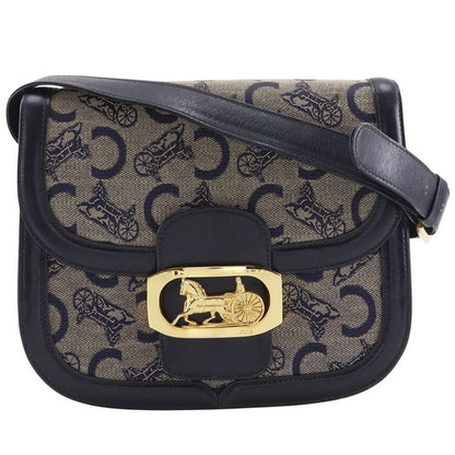 Celine Old Celine C Macadam Harness Hardware Vintage Canvas X Leather Navy Blue
