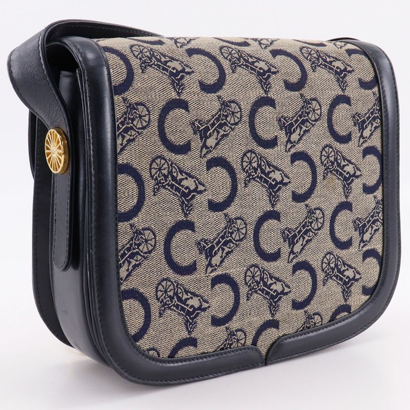 Celine Old Celine C Macadam Harness Hardware Vintage Canvas X Leather Navy Blue