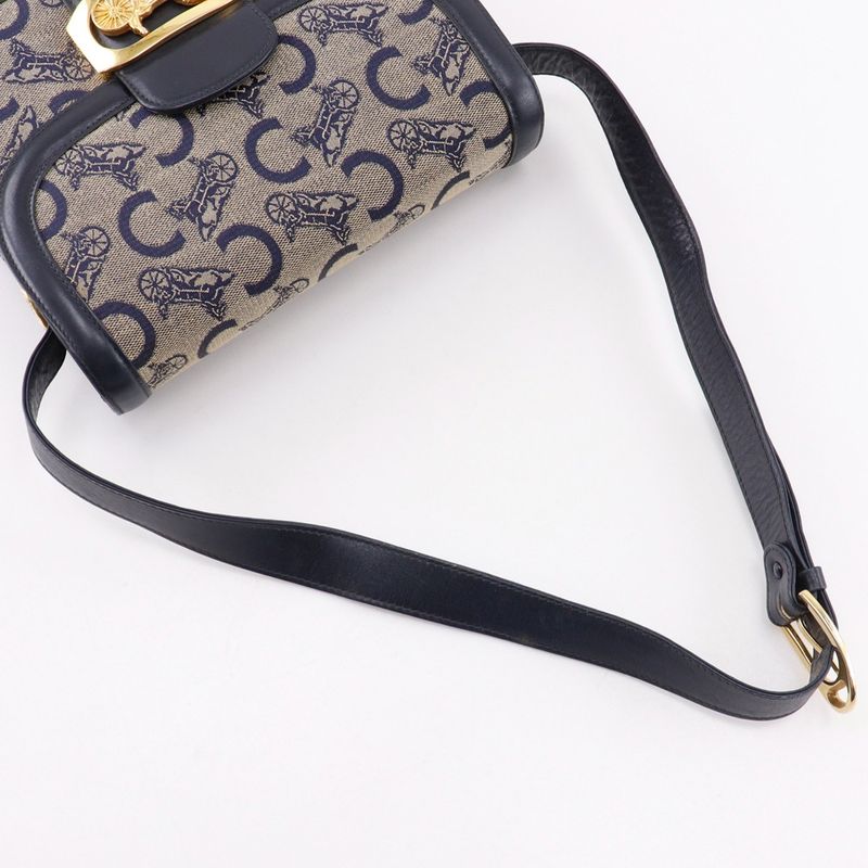 Celine Old Celine C Macadam Harness Hardware Vintage Canvas X Leather Navy Blue