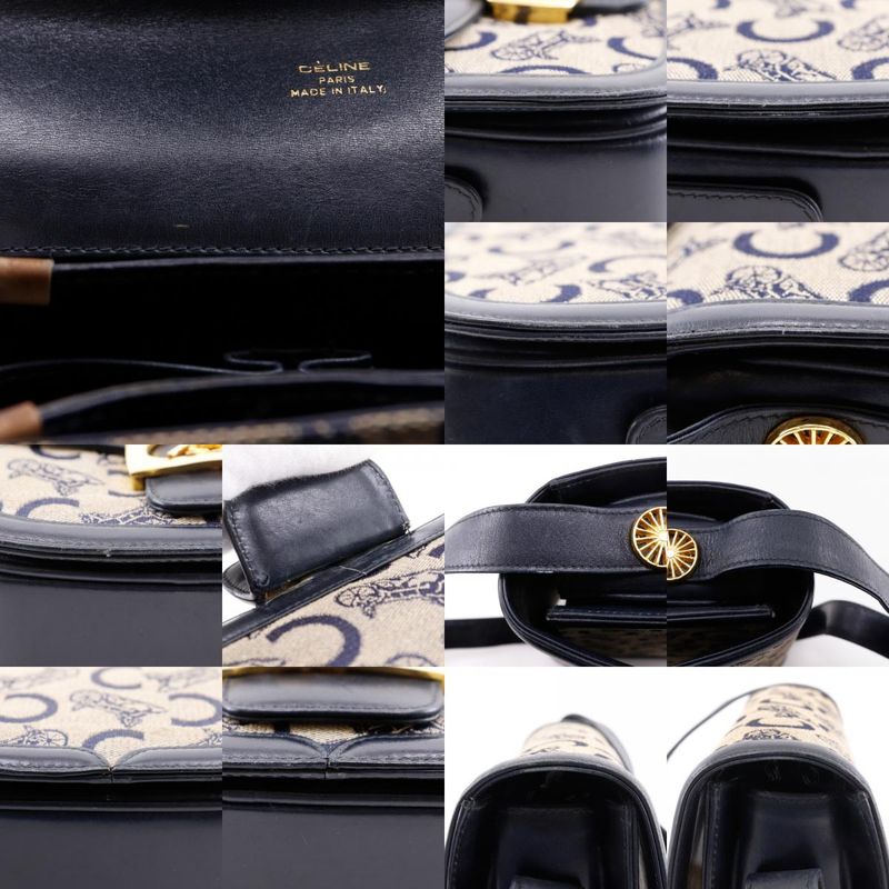 Celine Old Celine C Macadam Harness Hardware Vintage Canvas X Leather Navy Blue