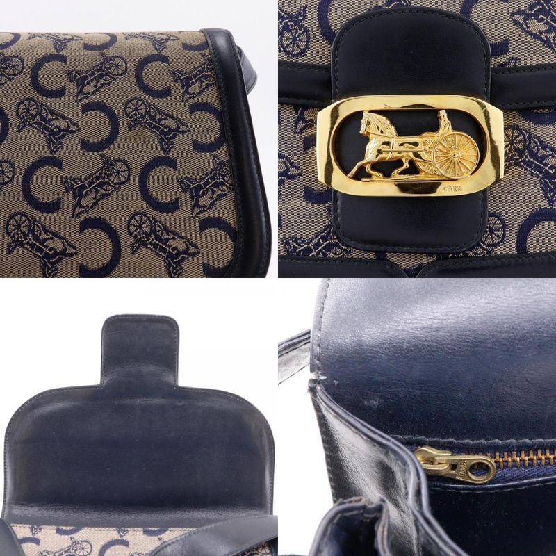 Celine Old Celine C Macadam Harness Hardware Vintage Canvas X Leather Navy Blue