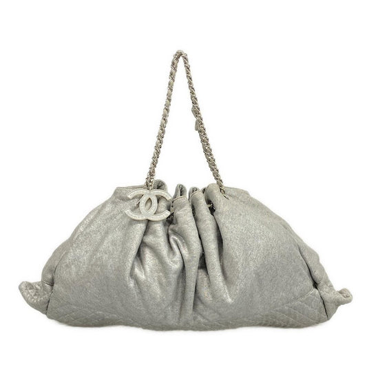Chanel Tote Bag Melrose Cabas Silver Gray Chain Shoulder/silver Hardware Cotton