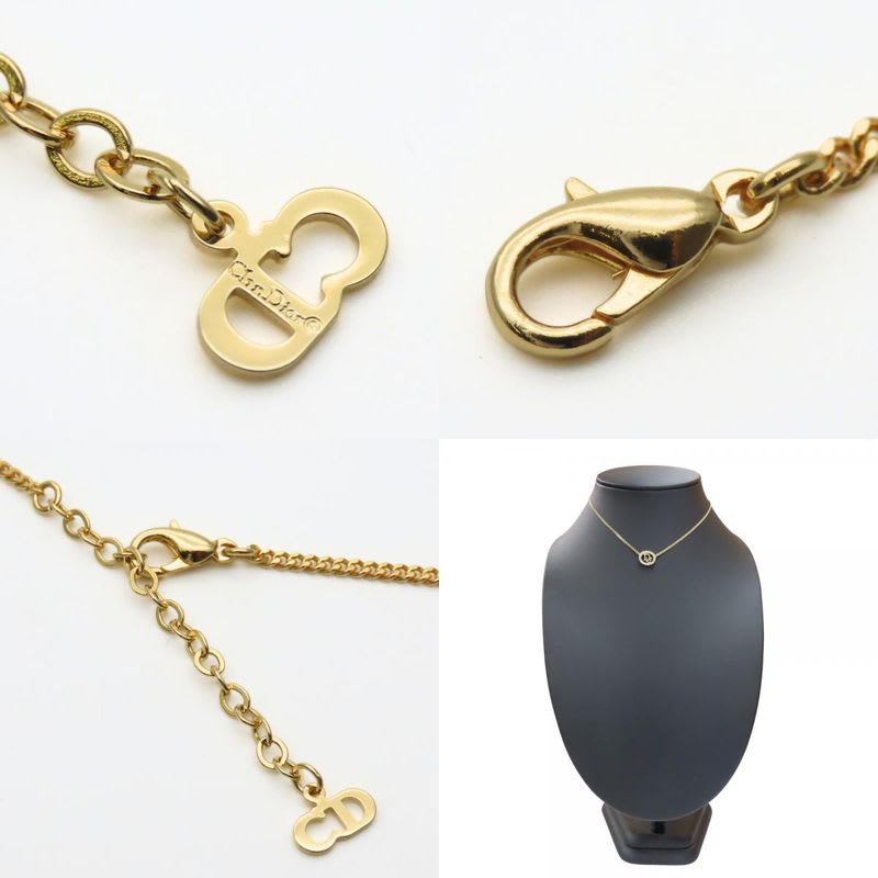 Christian Dior Necklace Logo Metal Rhinestone Gold Plated GP Accessories Ladies