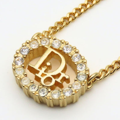 Christian Dior Necklace Logo Metal Rhinestone Gold Plated GP Accessories Ladies