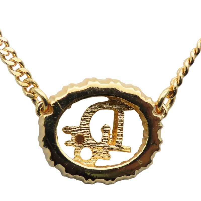 Christian Dior Necklace CD Logo Metal Rhinestone Gold GP Plated Accessories