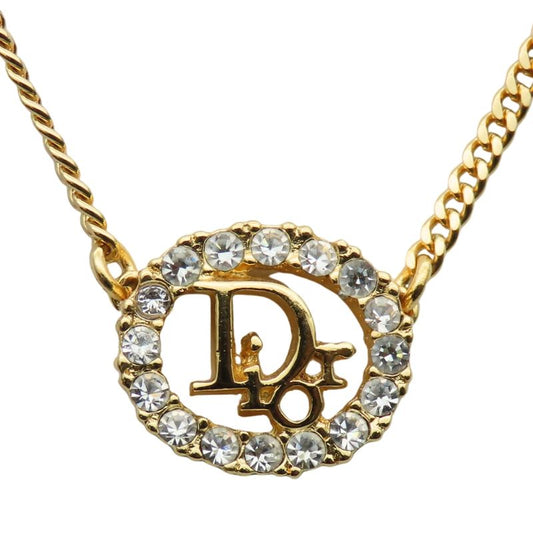 Christian Dior Necklace CD Logo Metal Rhinestone Gold GP Plated Accessories