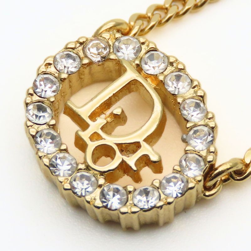 Christian Dior Necklace CD Logo Metal Rhinestone Gold GP Plated Accessories