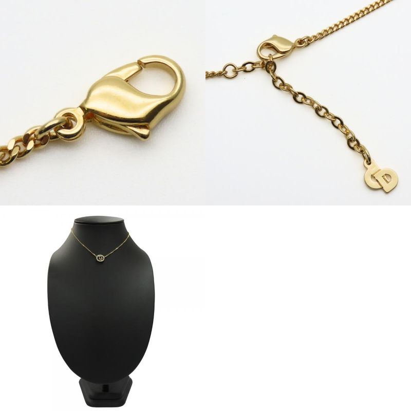 Christian Dior Necklace CD Logo Metal Rhinestone Gold GP Plated Accessories