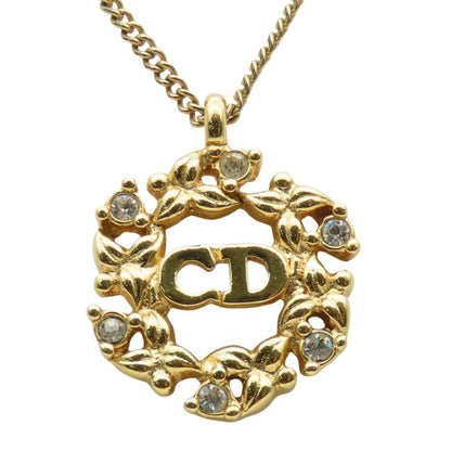 Christian Dior Necklace CD Logo Metal Rhinestone Gold GP Plated Accessories