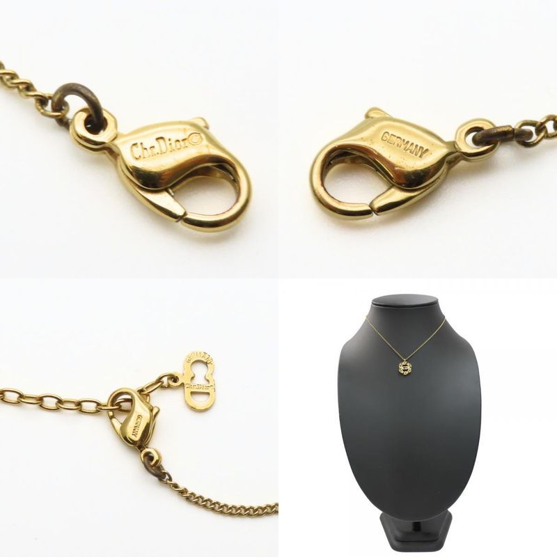 Christian Dior Necklace CD Logo Metal Rhinestone Gold GP Plated Accessories
