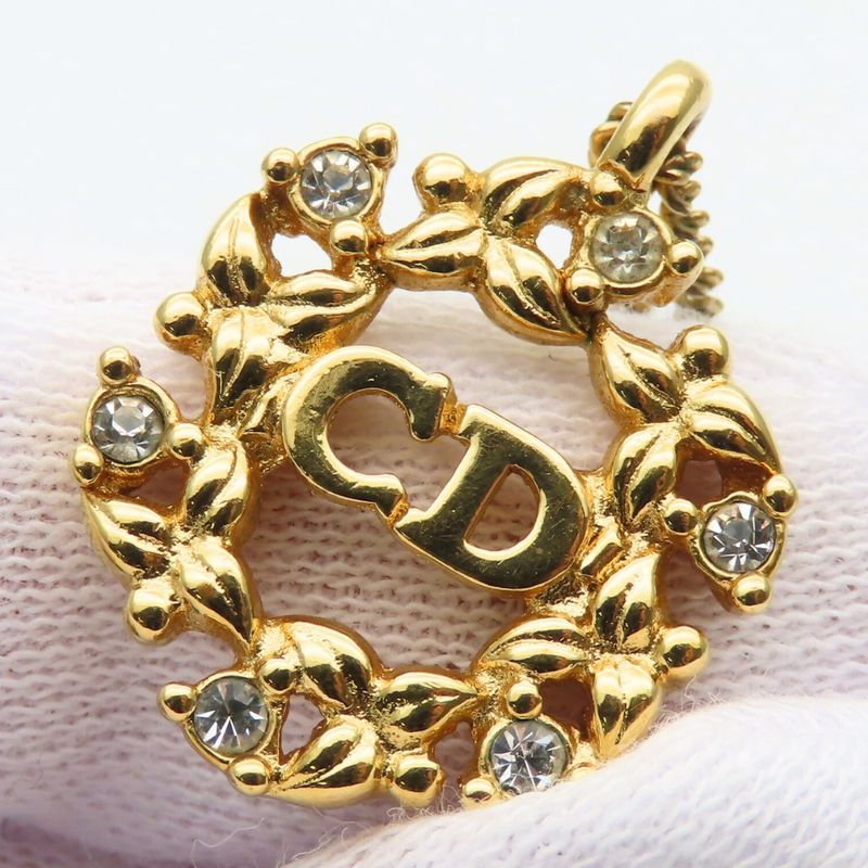 Christian Dior Necklace CD Logo Metal Rhinestone Gold GP Plated Accessories