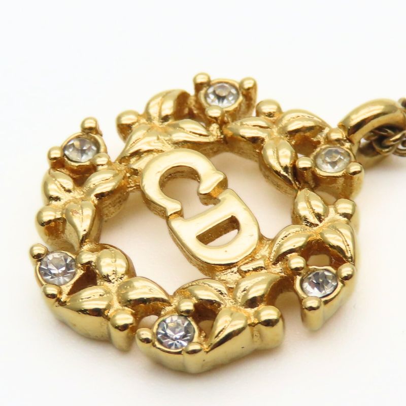 Christian Dior Necklace CD Logo Metal Rhinestone Gold GP Plated Accessories