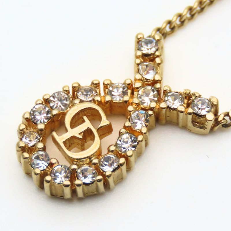 Christian Dior Necklace CD Logo Metal Rhinestone Gold Plated GP Accessories