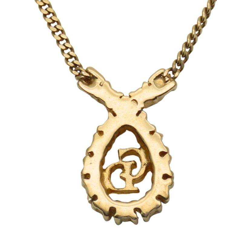 Christian Dior Necklace CD Logo Metal Rhinestone Gold Plated GP Accessories