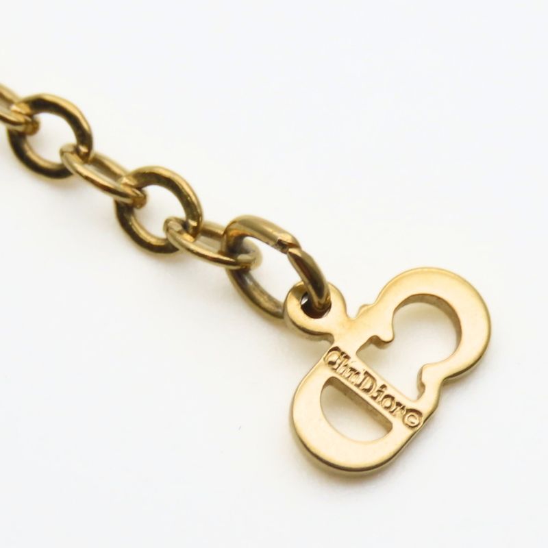Christian Dior Necklace CD Logo Metal Rhinestone Gold Plated GP Accessories