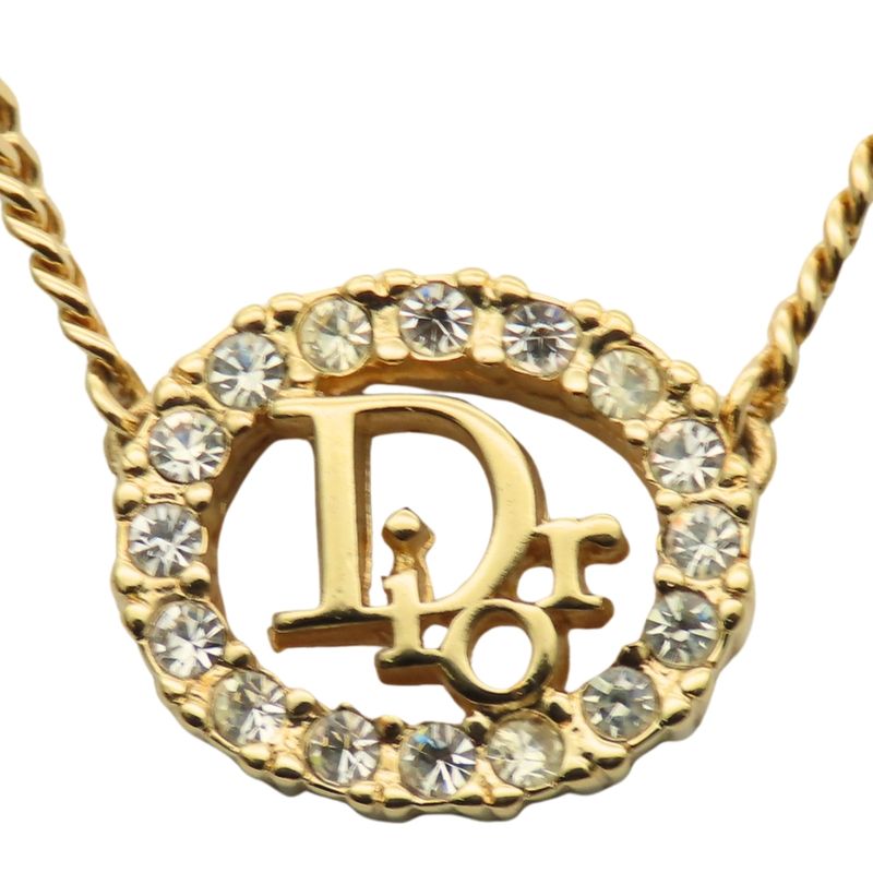 Christian Dior Necklace CD Logo Metal Rhinestone Gold GP Plated Accessories