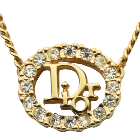 Christian Dior Necklace CD Logo Metal Rhinestone Gold GP Plated Accessories