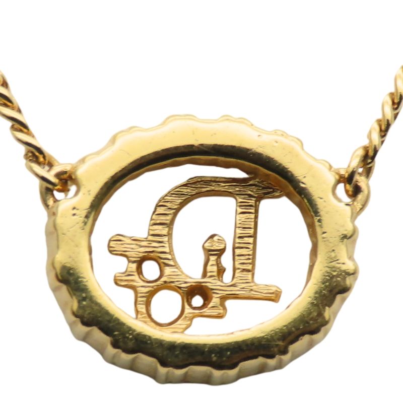 Christian Dior Necklace CD Logo Metal Rhinestone Gold GP Plated Accessories