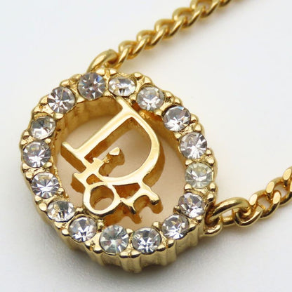 Christian Dior Necklace CD Logo Metal Rhinestone Gold Plated GP Accessories