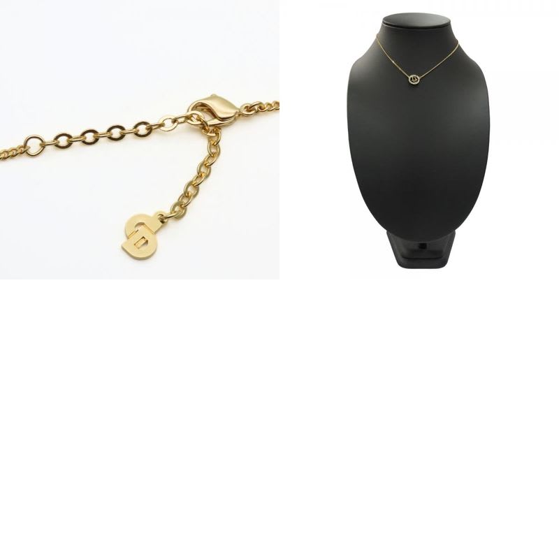 Christian Dior Necklace CD Logo Metal Rhinestone Gold Plated GP Accessories
