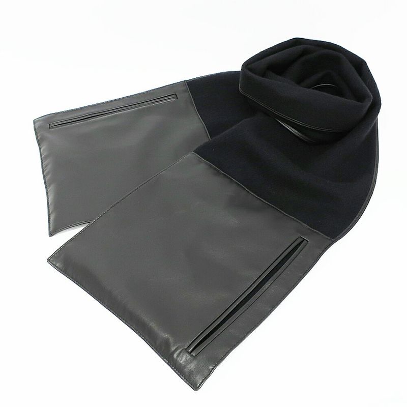 Loewe Shawl Muffler - With Pocket Black Leather Cashgora Apparel