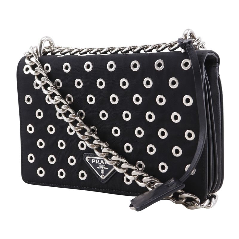 Prada Chain Shoulder Punching Nylon Black Women's Shoulder Bag