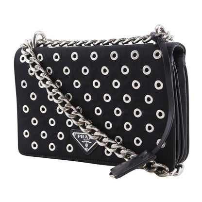 Prada Chain Shoulder Punching Nylon Black Women's Shoulder Bag