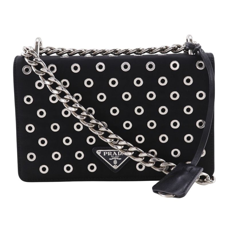Prada Chain Shoulder Punching Nylon Black Women's Shoulder Bag