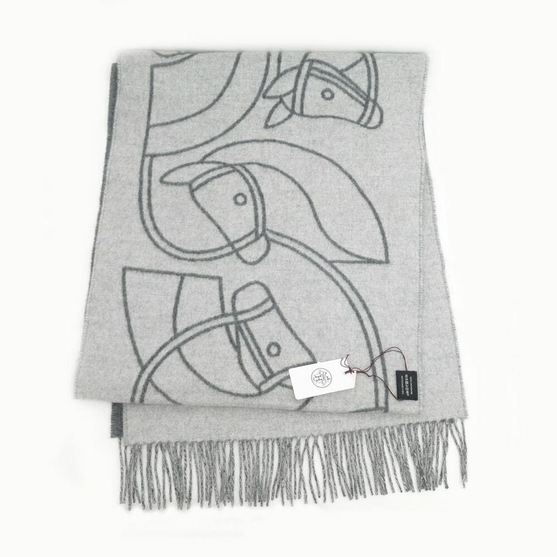 Hermes Muffler - Entrelac Equestre Gray - 100% Cashmere Fringe Accessori