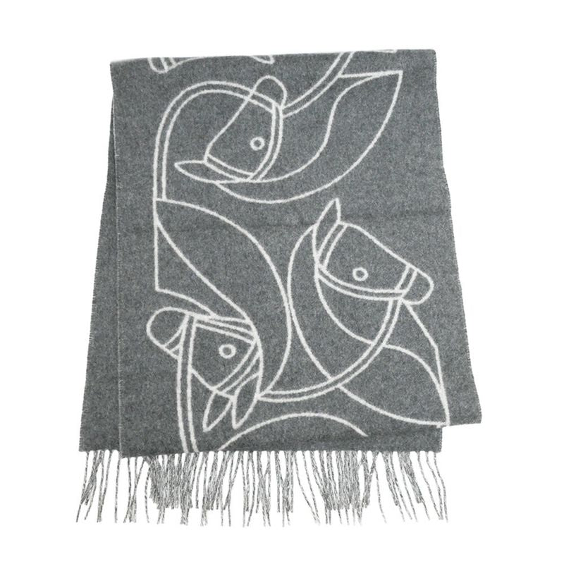 Hermes Muffler - Entrelac Equestre Gray - 100% Cashmere Fringe Accessori