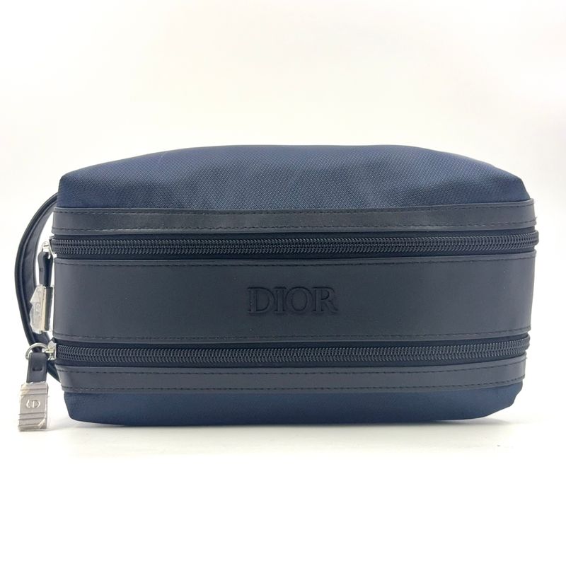Christian Dior Double Zip Polyester Navy Clutch Bag Silver