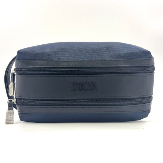 Christian Dior Double Zip Polyester Navy Clutch Bag Silver
