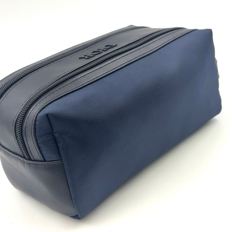 Christian Dior Double Zip Polyester Navy Clutch Bag Silver