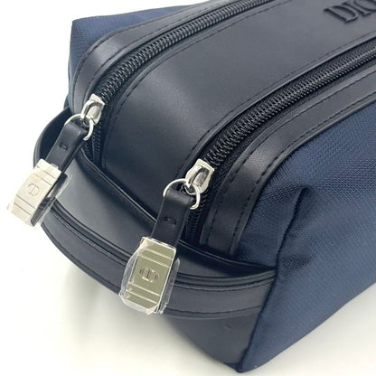 Christian Dior Double Zip Polyester Navy Clutch Bag Silver