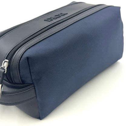Christian Dior Double Zip Polyester Navy Clutch Bag Silver