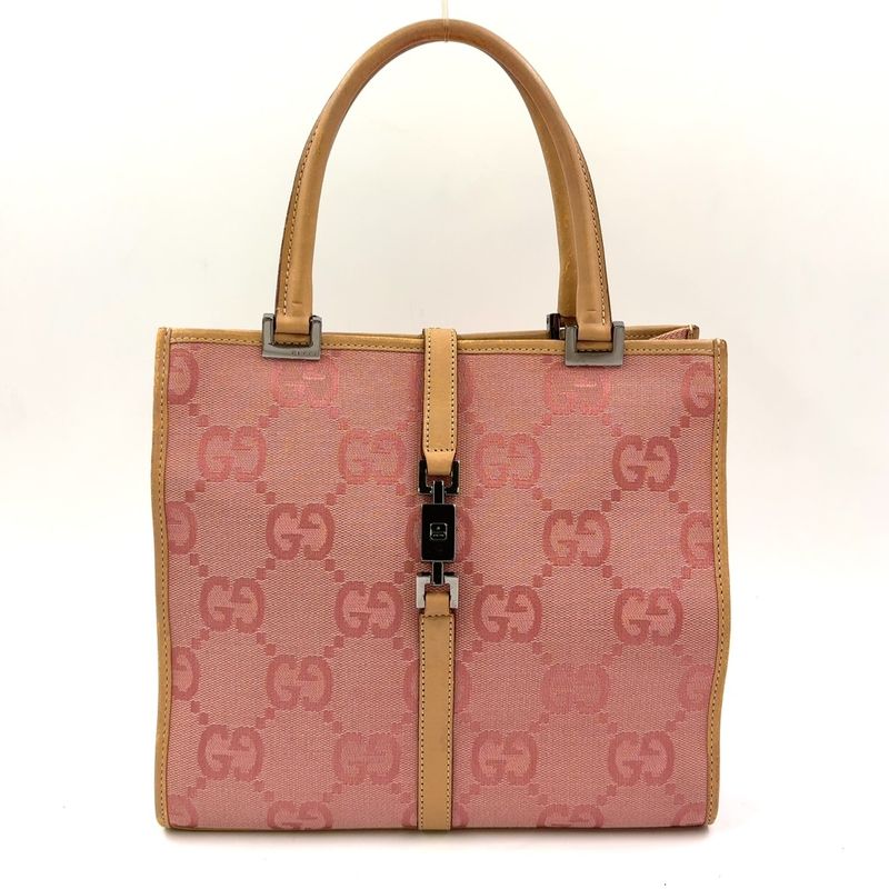 Gucci GG Canvas Jackie Line Leather X Canvas Pink X Light Brown Handbag Silver