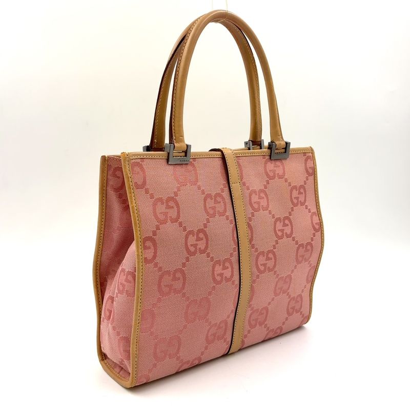 Gucci GG Canvas Jackie Line Leather X Canvas Pink X Light Brown Handbag Silver