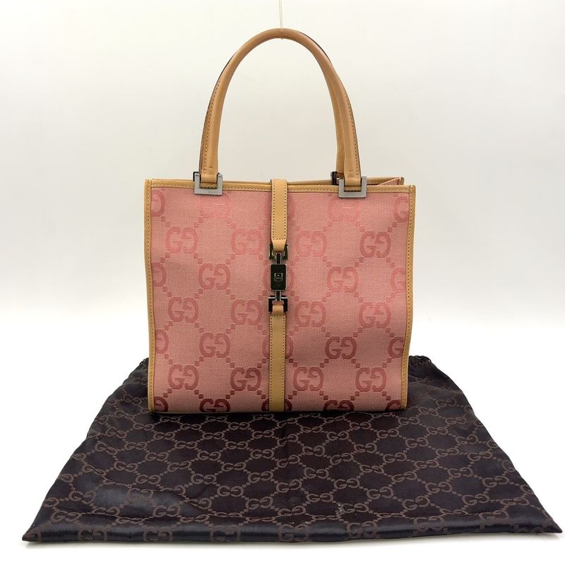 Gucci GG Canvas Jackie Line Leather X Canvas Pink X Light Brown Handbag Silver