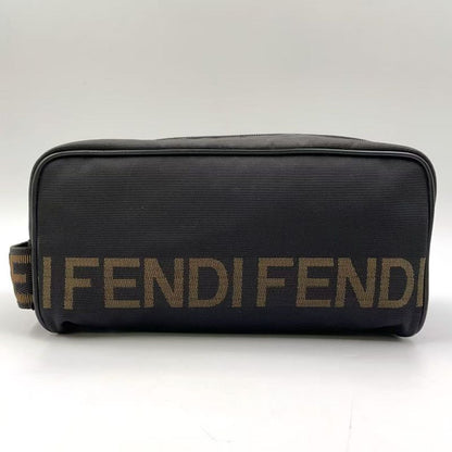 Fendi Logo Jacquard Design Pouch Nylon Brown and Black Clutch Bag Silver