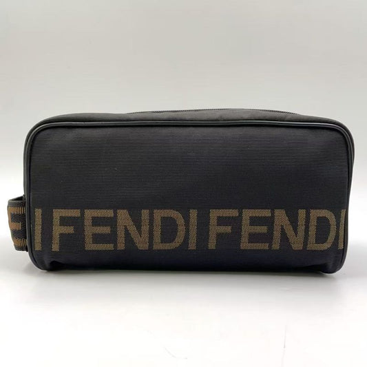 Fendi Logo Jacquard Design Pouch Nylon Brown and Black Clutch Bag Silver