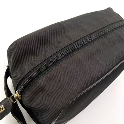 Fendi Logo Jacquard Design Pouch Nylon Brown and Black Clutch Bag Silver